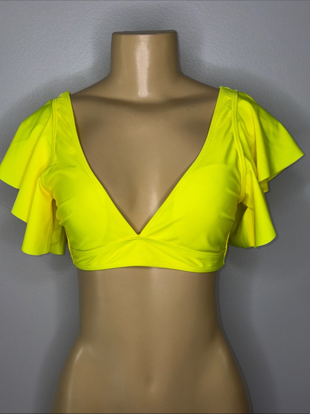 Neon Yellow Swim Flutter Sleeve V-Neck Crop Top Bra Size L